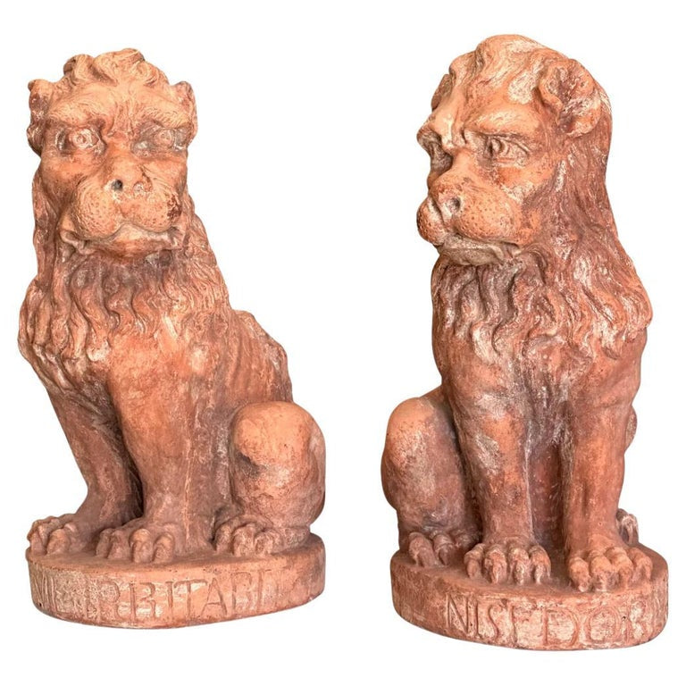 Pair Baroque Style Terracotta Lions