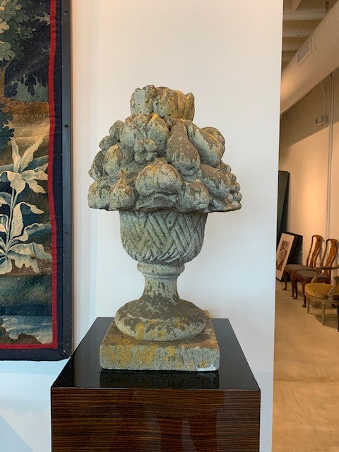 Pair patinated cast stone garden finials
